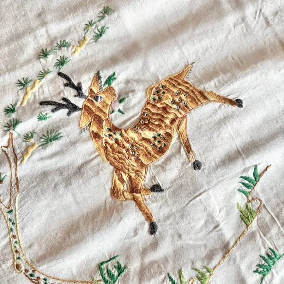 Hand Embroidered Deer & Crochet Silk Bedcover Bedspread 58 x 81